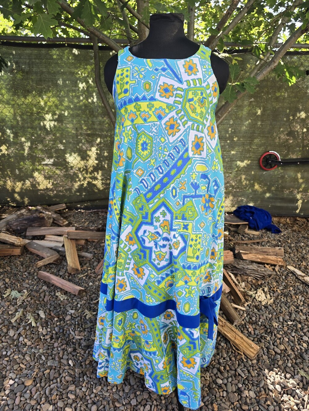 Vtg 60's Psychedelic Blue Green Sleeveless Maxi Dress Groovy MOD Shift Barkcloth